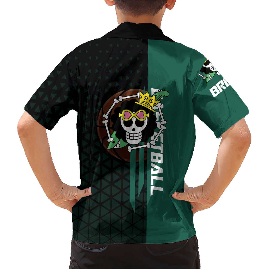Brook One Piece Basketball Theme Green and Black Design Family Matching Long Sleeve Bodycon Dress and Hawaiian Shirt with Skull Emblem and Energetic Pose