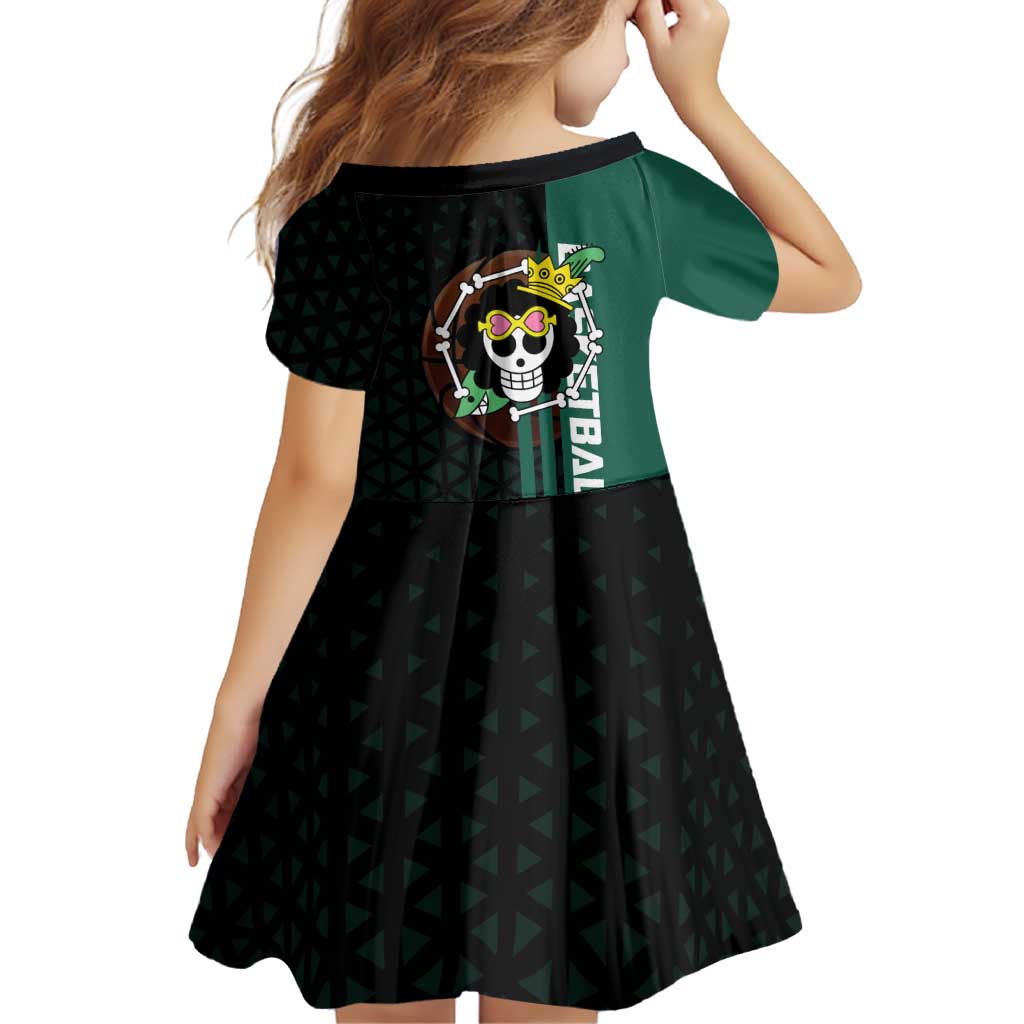 Brook One Piece Basketball Theme Green and Black Design Family Matching Long Sleeve Bodycon Dress and Hawaiian Shirt with Skull Emblem and Energetic Pose