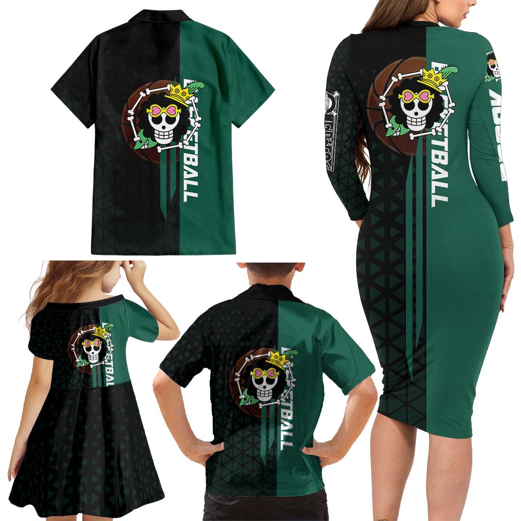 Brook One Piece Basketball Theme Green and Black Design Family Matching Long Sleeve Bodycon Dress and Hawaiian Shirt with Skull Emblem and Energetic Pose