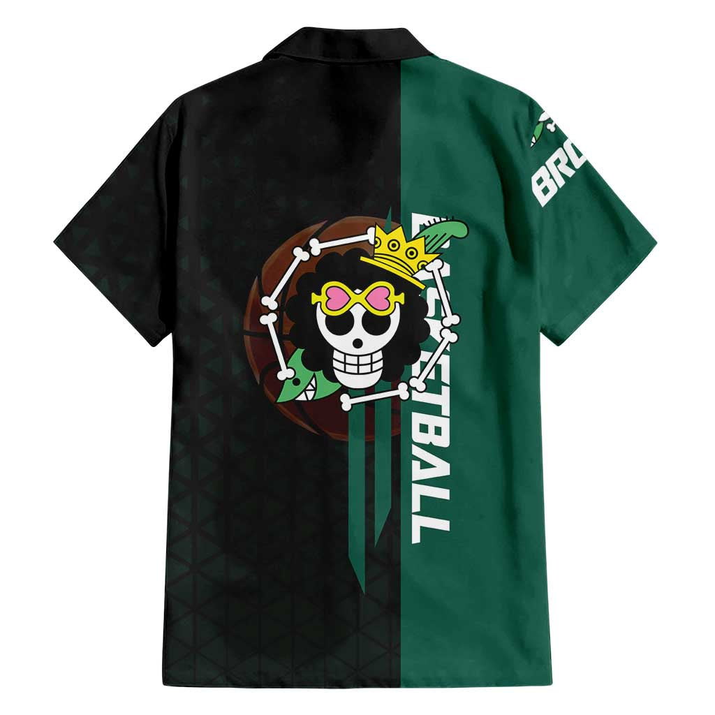 Brook One Piece Basketball Theme Green and Black Design Family Matching Long Sleeve Bodycon Dress and Hawaiian Shirt with Skull Emblem and Energetic Pose