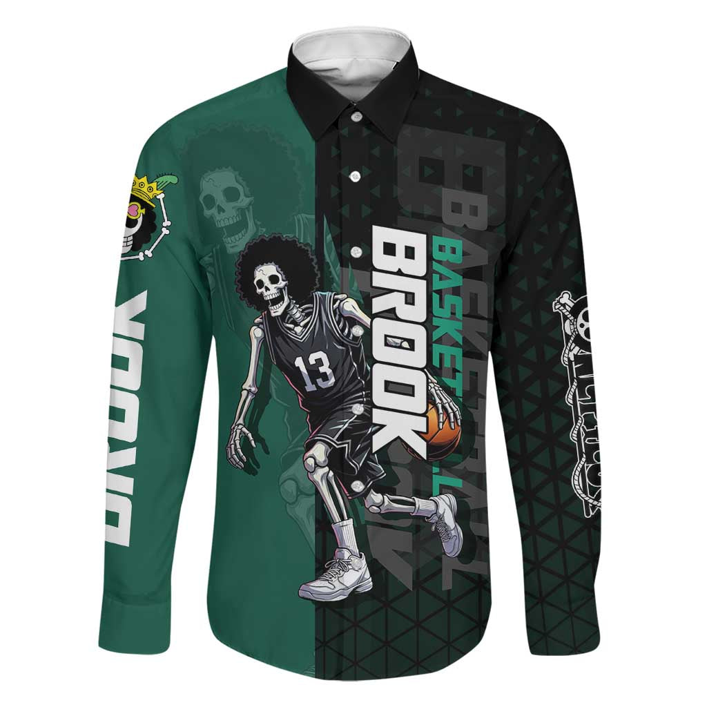 Brook One Piece Basketball Theme Green and Black Design Family Matching Long Sleeve Bodycon Dress and Hawaiian Shirt with Skull Emblem and Energetic Pose