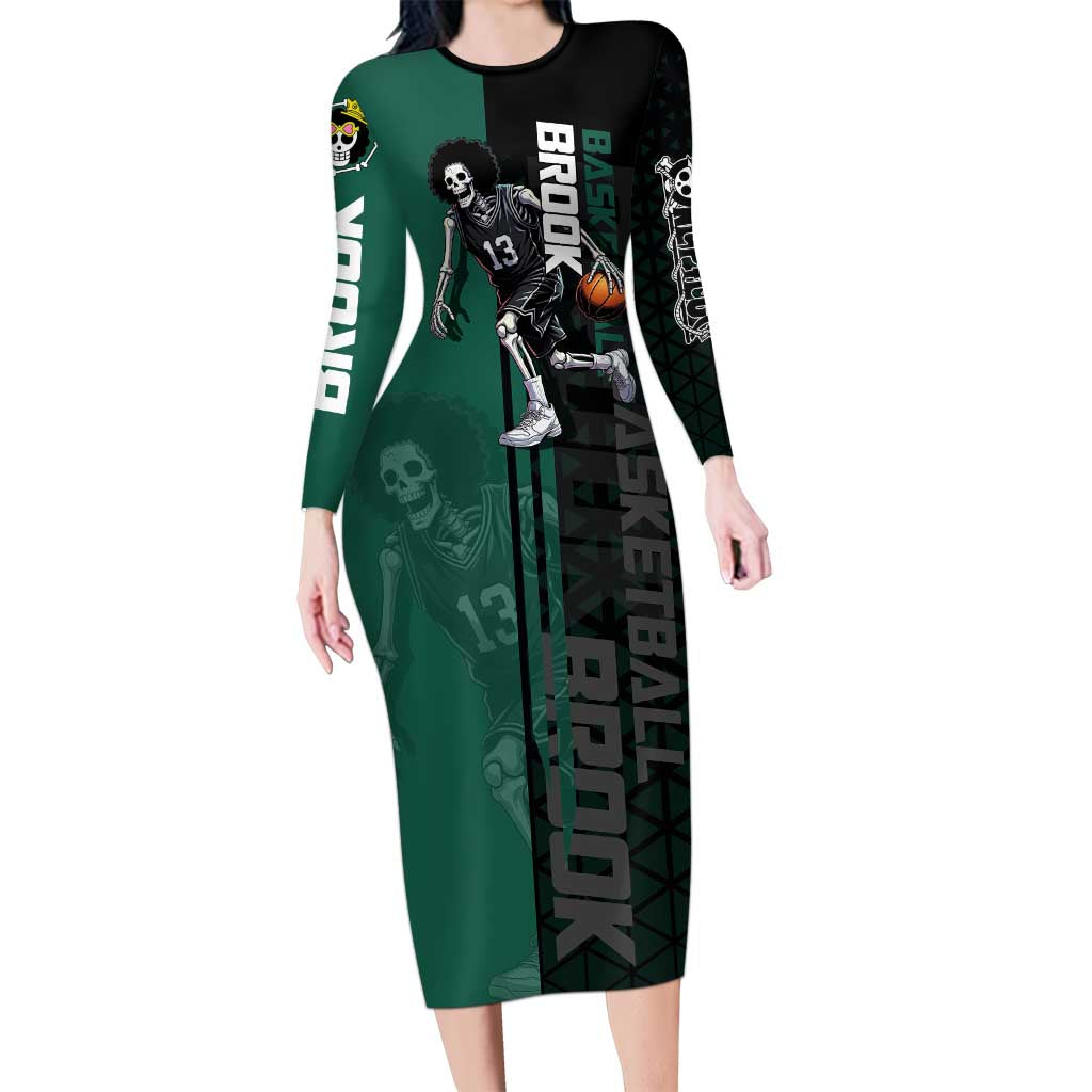 Brook One Piece Basketball Theme Green and Black Design Family Matching Long Sleeve Bodycon Dress and Hawaiian Shirt with Skull Emblem and Energetic Pose