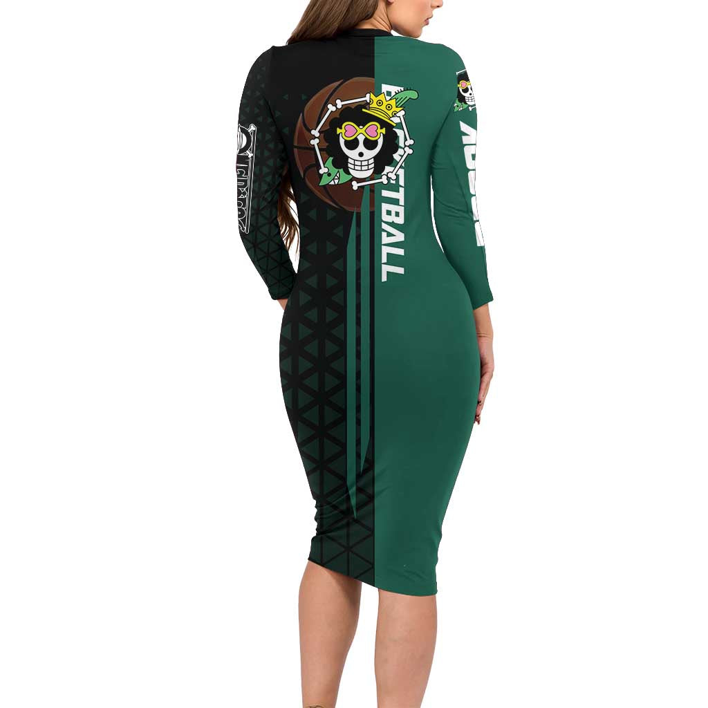 Brook One Piece Basketball Theme Green and Black Design Family Matching Long Sleeve Bodycon Dress and Hawaiian Shirt with Skull Emblem and Energetic Pose