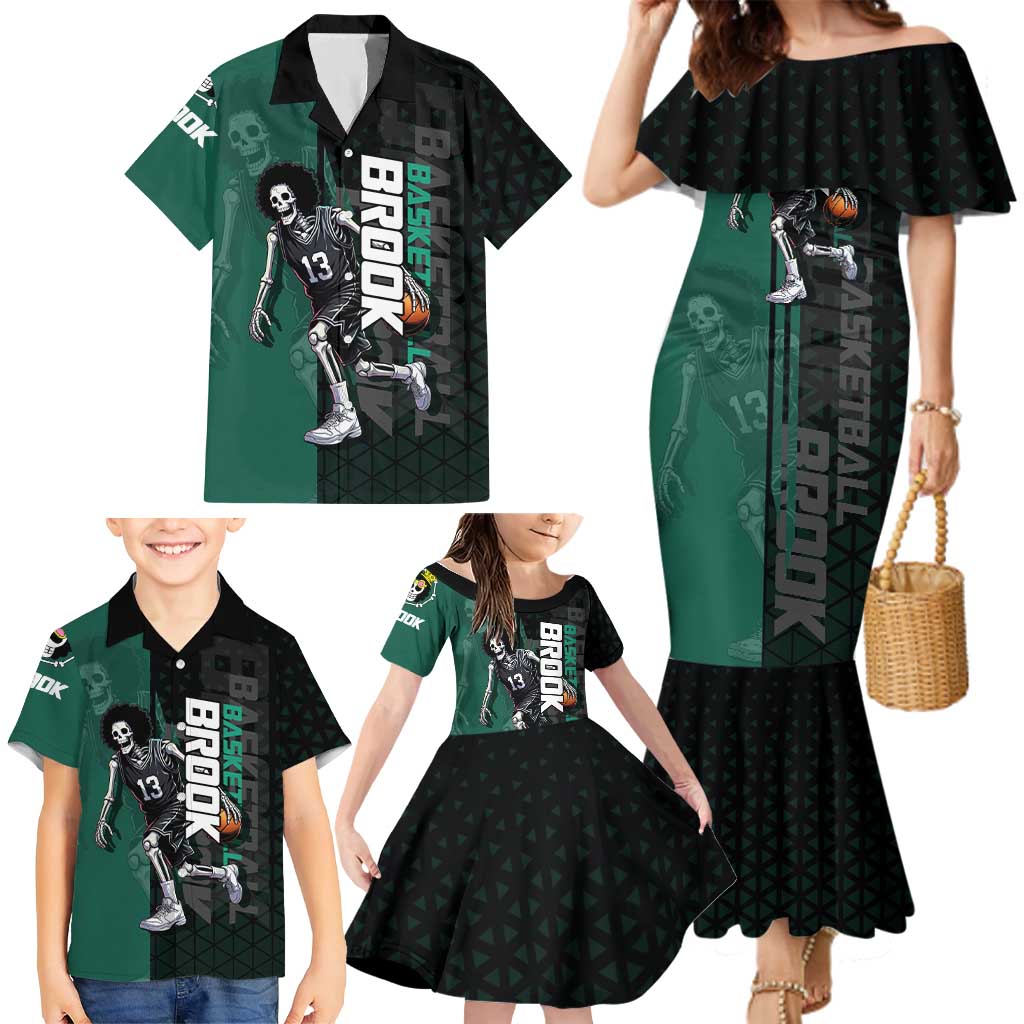 Brook One Piece Basketball Theme Green and Black Design Family Matching Mermaid Dress and Hawaiian Shirt with Skull Emblem and Energetic Pose