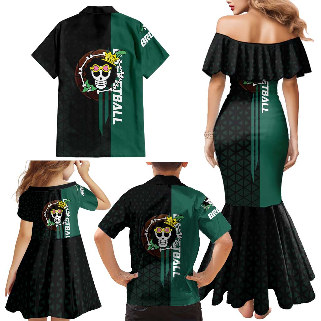 Brook One Piece Basketball Theme Green and Black Design Family Matching Mermaid Dress and Hawaiian Shirt with Skull Emblem and Energetic Pose