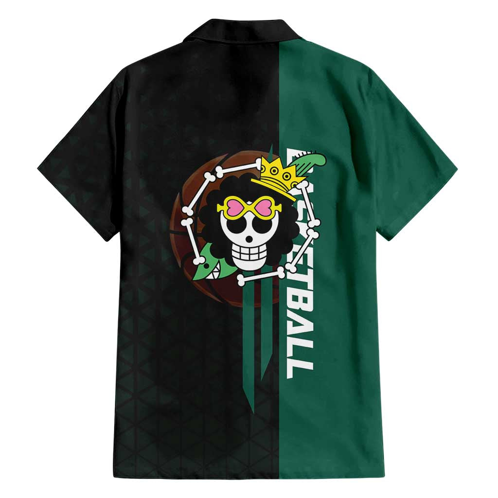 Brook One Piece Basketball Theme Green and Black Design Family Matching Mermaid Dress and Hawaiian Shirt with Skull Emblem and Energetic Pose