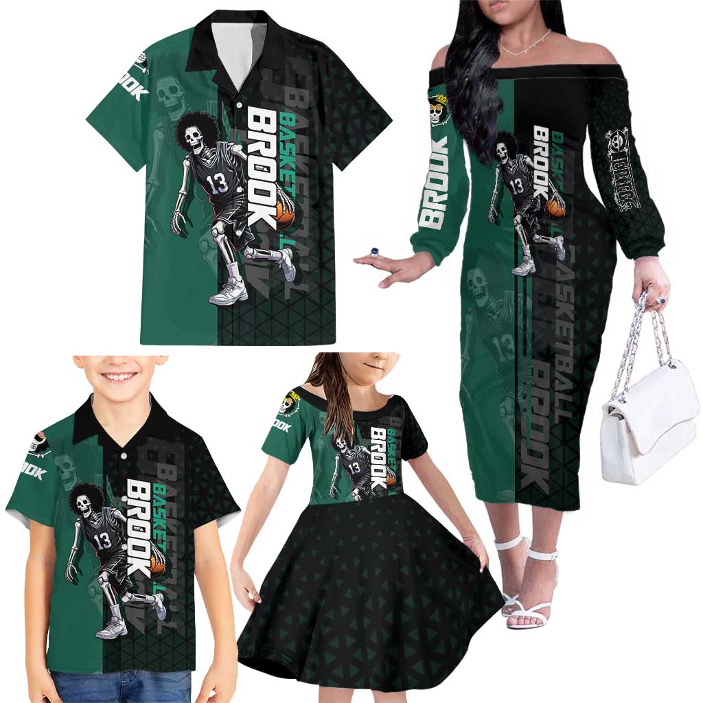 Brook One Piece Basketball Theme Green and Black Design Family Matching Off The Shoulder Long Sleeve Dress and Hawaiian Shirt with Skull Emblem and Energetic Pose