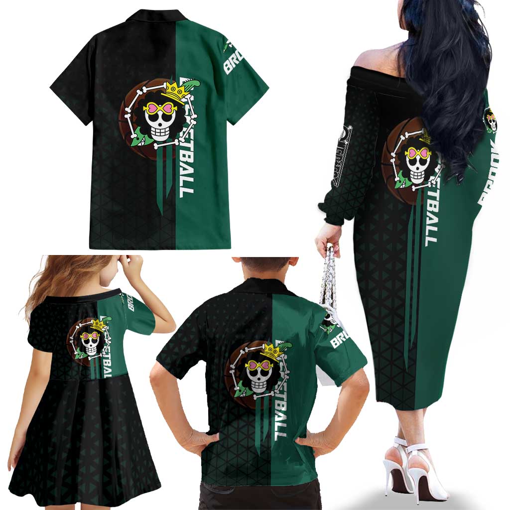 Brook One Piece Basketball Theme Green and Black Design Family Matching Off The Shoulder Long Sleeve Dress and Hawaiian Shirt with Skull Emblem and Energetic Pose