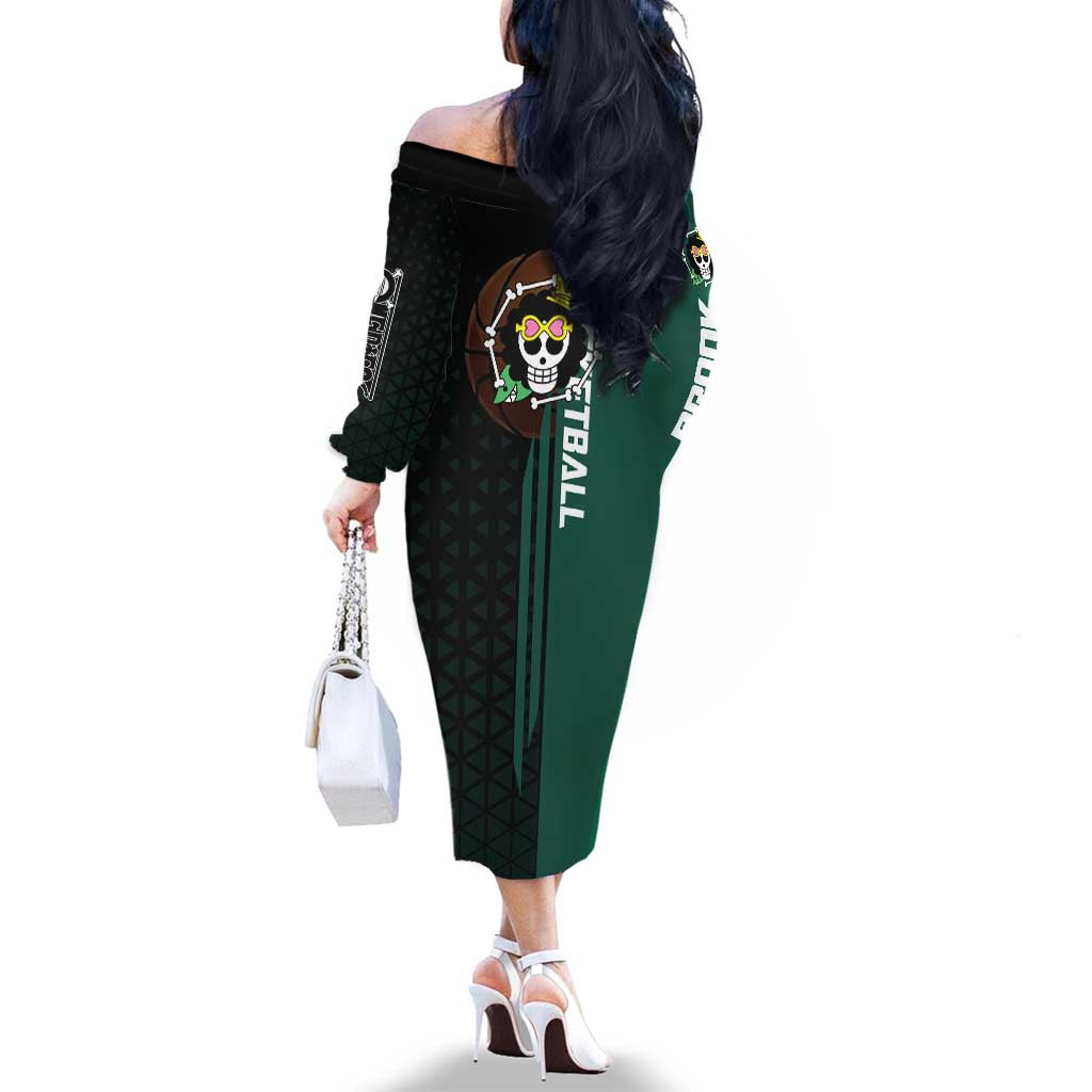 Brook One Piece Basketball Theme Green and Black Design Family Matching Off The Shoulder Long Sleeve Dress and Hawaiian Shirt with Skull Emblem and Energetic Pose