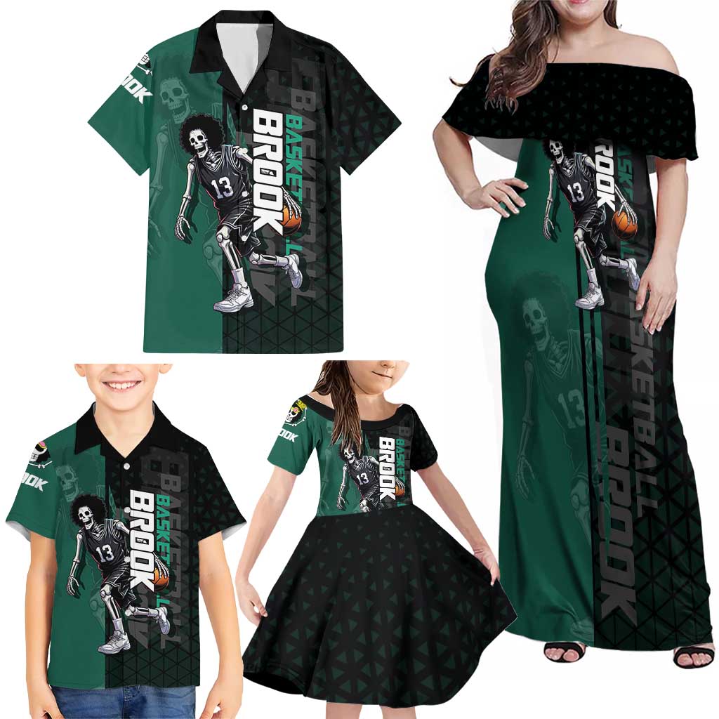 Brook One Piece Basketball Theme Green and Black Design Family Matching Off Shoulder Maxi Dress and Hawaiian Shirt with Skull Emblem and Energetic Pose