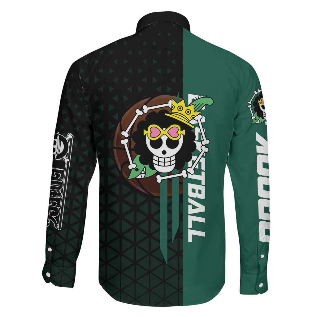 Brook One Piece Basketball Theme Green and Black Design Family Matching Off Shoulder Maxi Dress and Hawaiian Shirt with Skull Emblem and Energetic Pose