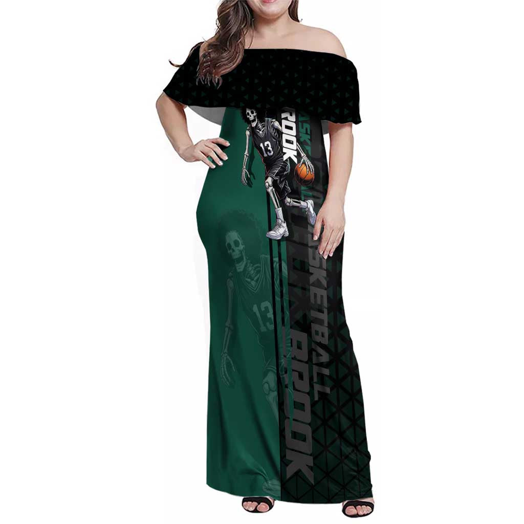 Brook One Piece Basketball Theme Green and Black Design Family Matching Off Shoulder Maxi Dress and Hawaiian Shirt with Skull Emblem and Energetic Pose