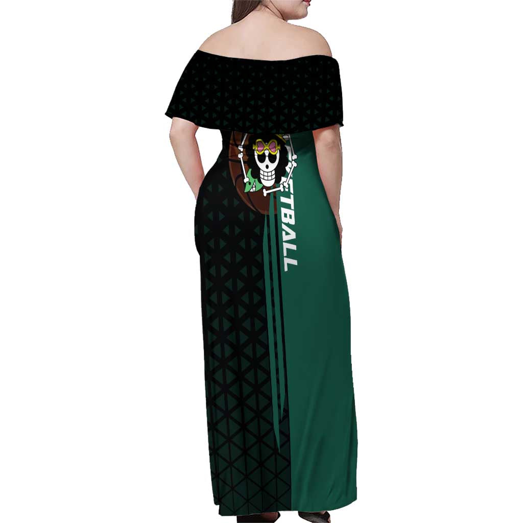 Brook One Piece Basketball Theme Green and Black Design Family Matching Off Shoulder Maxi Dress and Hawaiian Shirt with Skull Emblem and Energetic Pose