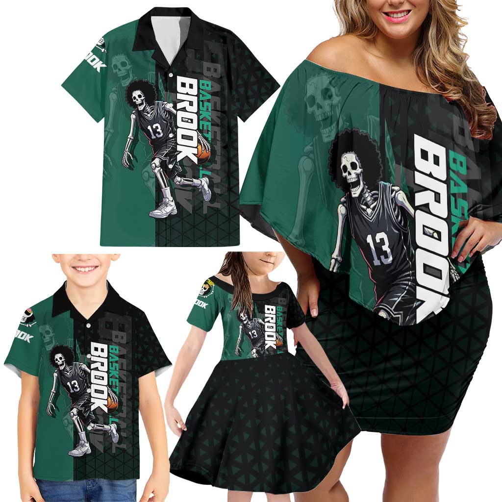 Brook One Piece Basketball Theme Green and Black Design Family Matching Off Shoulder Short Dress and Hawaiian Shirt with Skull Emblem and Energetic Pose