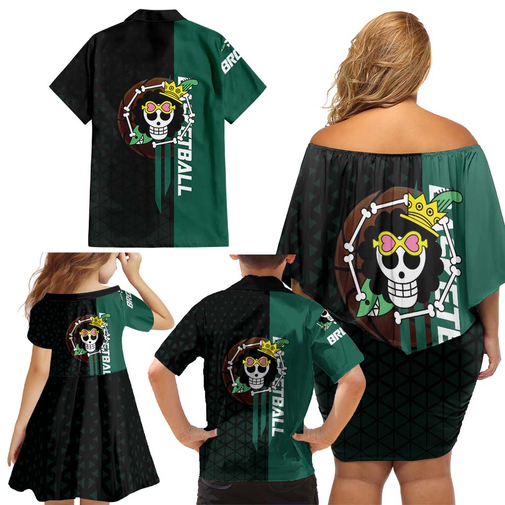 Brook One Piece Basketball Theme Green and Black Design Family Matching Off Shoulder Short Dress and Hawaiian Shirt with Skull Emblem and Energetic Pose