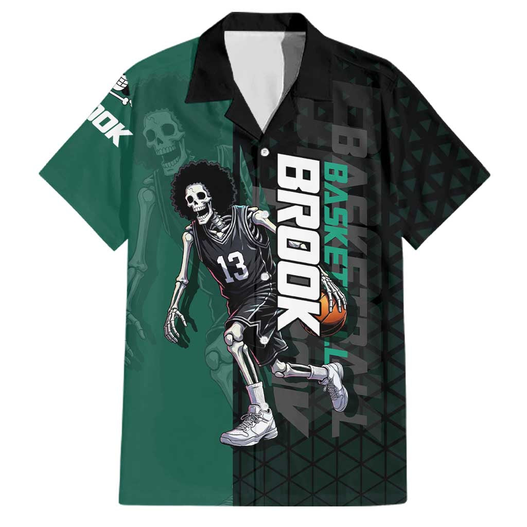 Brook One Piece Basketball Theme Green and Black Design Family Matching Off Shoulder Short Dress and Hawaiian Shirt with Skull Emblem and Energetic Pose