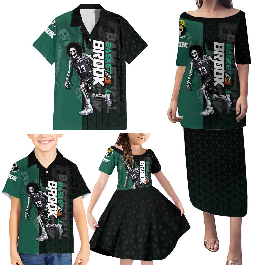 Brook One Piece Basketball Theme Green and Black Design Family Matching Puletasi and Hawaiian Shirt with Skull Emblem and Energetic Pose