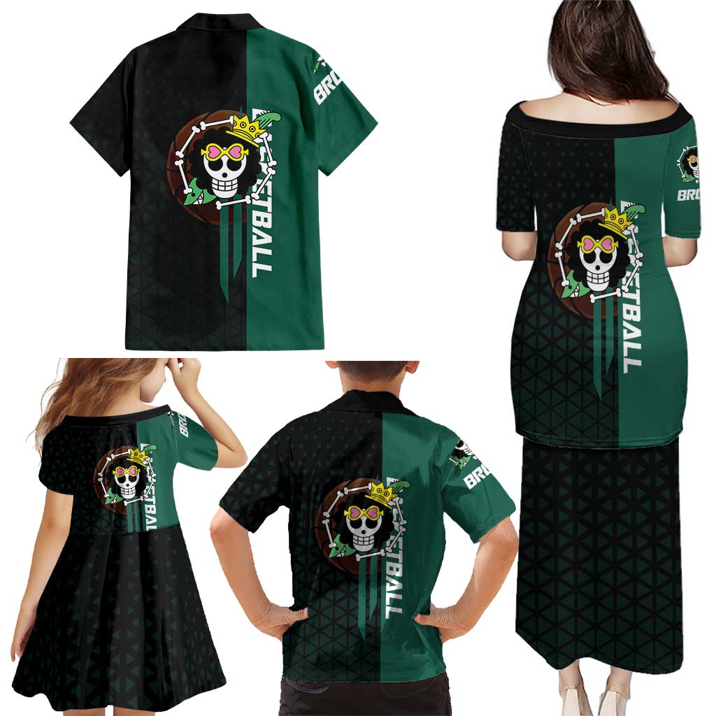 Brook One Piece Basketball Theme Green and Black Design Family Matching Puletasi and Hawaiian Shirt with Skull Emblem and Energetic Pose