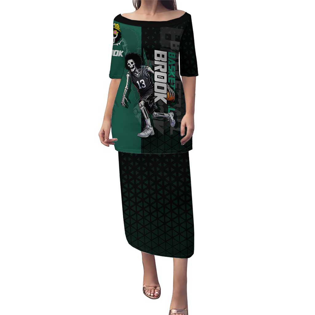 Brook One Piece Basketball Theme Green and Black Design Family Matching Puletasi and Hawaiian Shirt with Skull Emblem and Energetic Pose