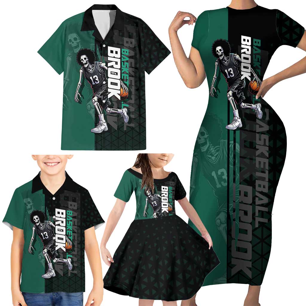 Brook One Piece Basketball Theme Green and Black Design Family Matching Short Sleeve Bodycon Dress and Hawaiian Shirt with Skull Emblem and Energetic Pose