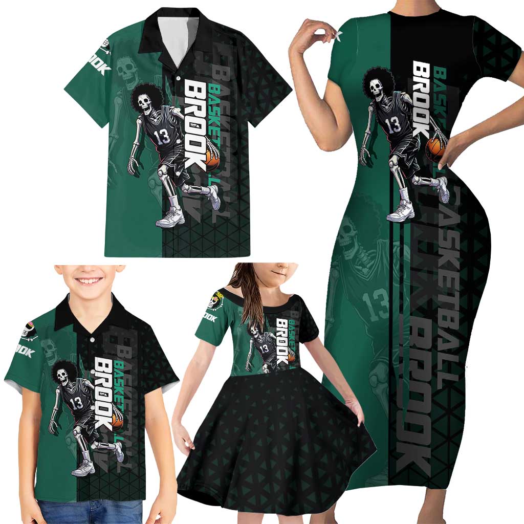 Brook One Piece Basketball Theme Green and Black Design Family Matching Short Sleeve Bodycon Dress and Hawaiian Shirt with Skull Emblem and Energetic Pose