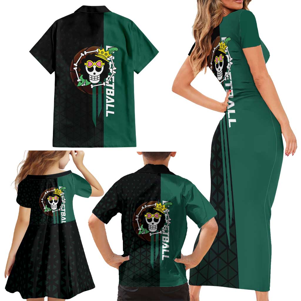 Brook One Piece Basketball Theme Green and Black Design Family Matching Short Sleeve Bodycon Dress and Hawaiian Shirt with Skull Emblem and Energetic Pose