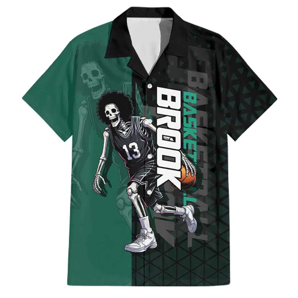 Brook One Piece Basketball Theme Green and Black Design Family Matching Short Sleeve Bodycon Dress and Hawaiian Shirt with Skull Emblem and Energetic Pose
