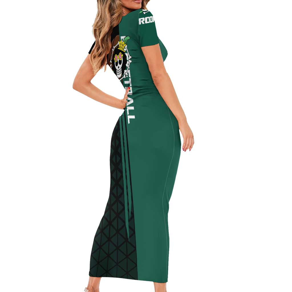 Brook One Piece Basketball Theme Green and Black Design Family Matching Short Sleeve Bodycon Dress and Hawaiian Shirt with Skull Emblem and Energetic Pose