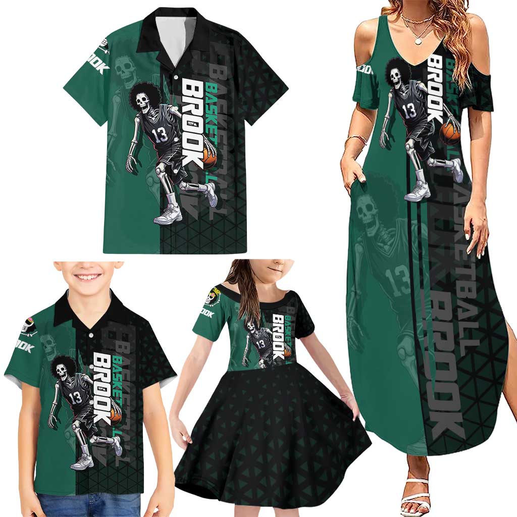 Brook One Piece Basketball Theme Green and Black Design Family Matching Summer Maxi Dress and Hawaiian Shirt with Skull Emblem and Energetic Pose