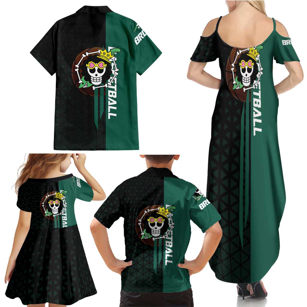 Brook One Piece Basketball Theme Green and Black Design Family Matching Summer Maxi Dress and Hawaiian Shirt with Skull Emblem and Energetic Pose