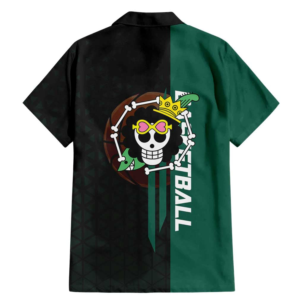 Brook One Piece Basketball Theme Green and Black Design Family Matching Summer Maxi Dress and Hawaiian Shirt with Skull Emblem and Energetic Pose