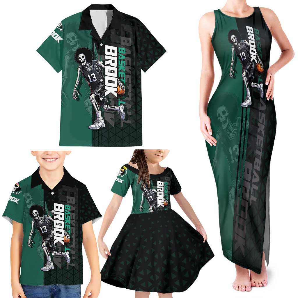 Brook One Piece Basketball Theme Green and Black Design Family Matching Tank Maxi Dress and Hawaiian Shirt with Skull Emblem and Energetic Pose