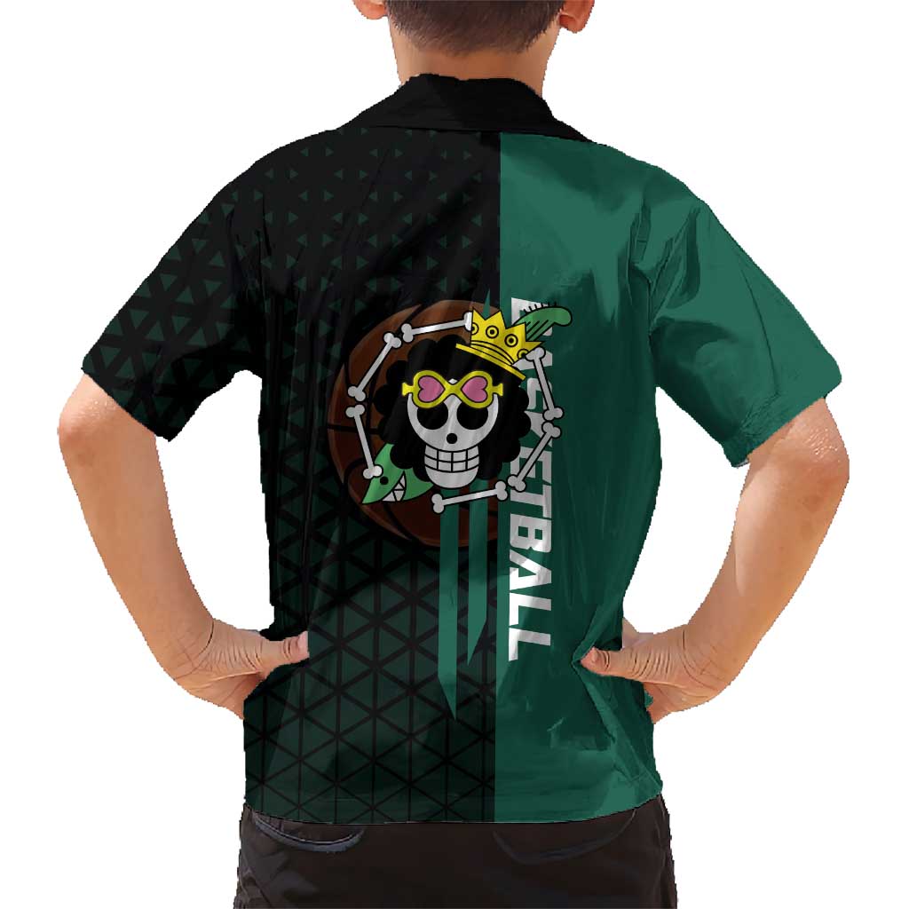 Brook One Piece Basketball Theme Green and Black Design Family Matching Tank Maxi Dress and Hawaiian Shirt with Skull Emblem and Energetic Pose