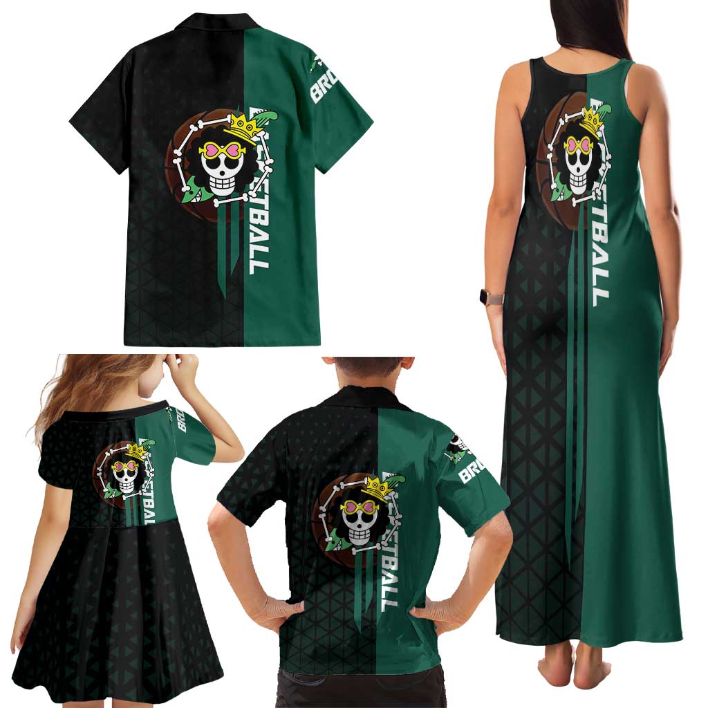 Brook One Piece Basketball Theme Green and Black Design Family Matching Tank Maxi Dress and Hawaiian Shirt with Skull Emblem and Energetic Pose
