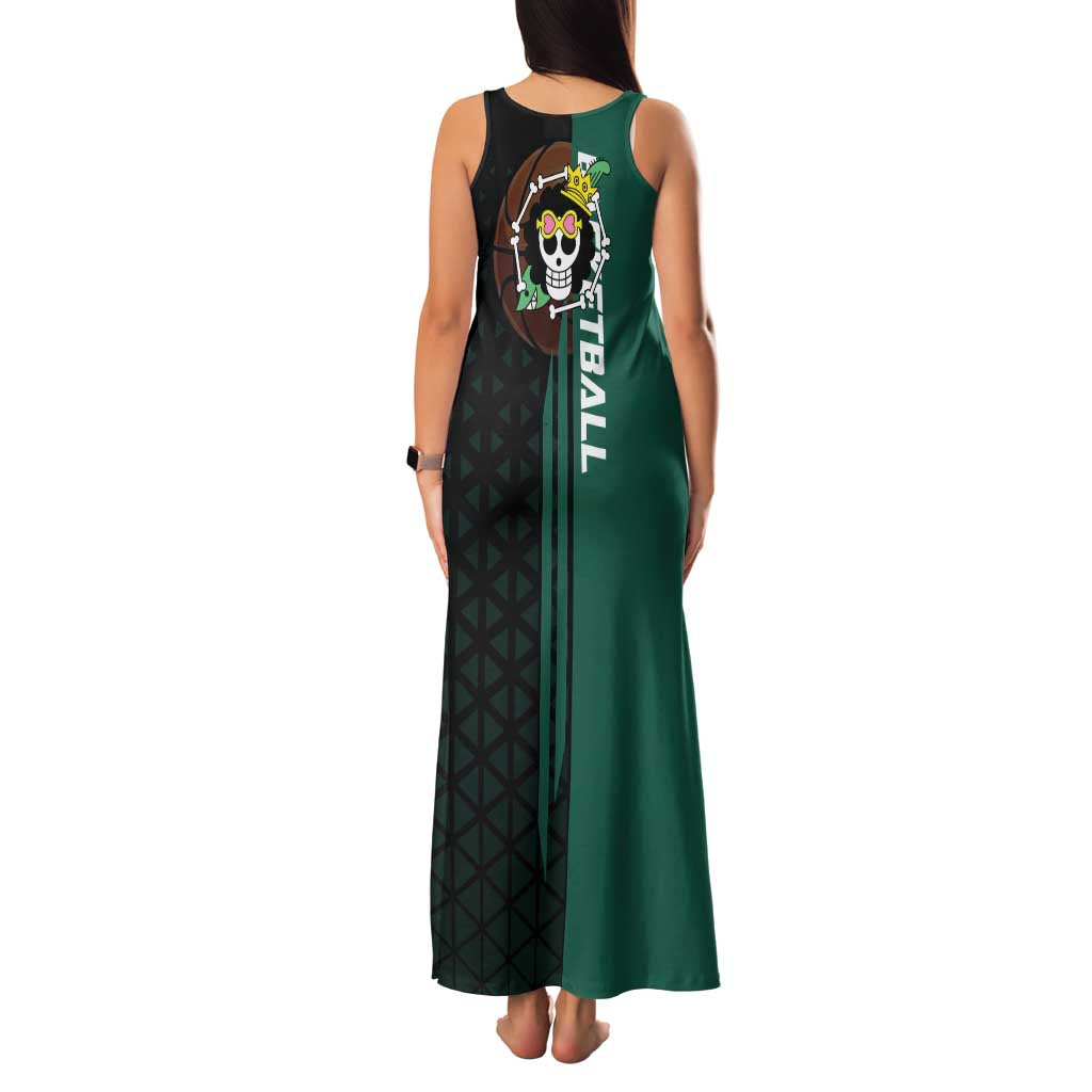 Brook One Piece Basketball Theme Green and Black Design Family Matching Tank Maxi Dress and Hawaiian Shirt with Skull Emblem and Energetic Pose