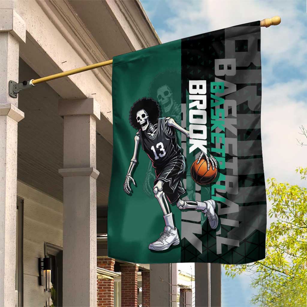 Brook One Piece Basketball Theme Green and Black Design Garden Flag with Skull Emblem and Energetic Pose - The Mazicc