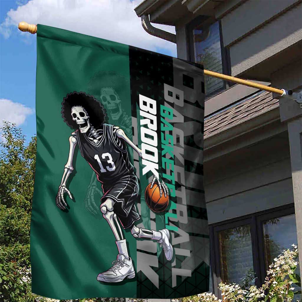 Brook One Piece Basketball Theme Green and Black Design Garden Flag with Skull Emblem and Energetic Pose - The Mazicc