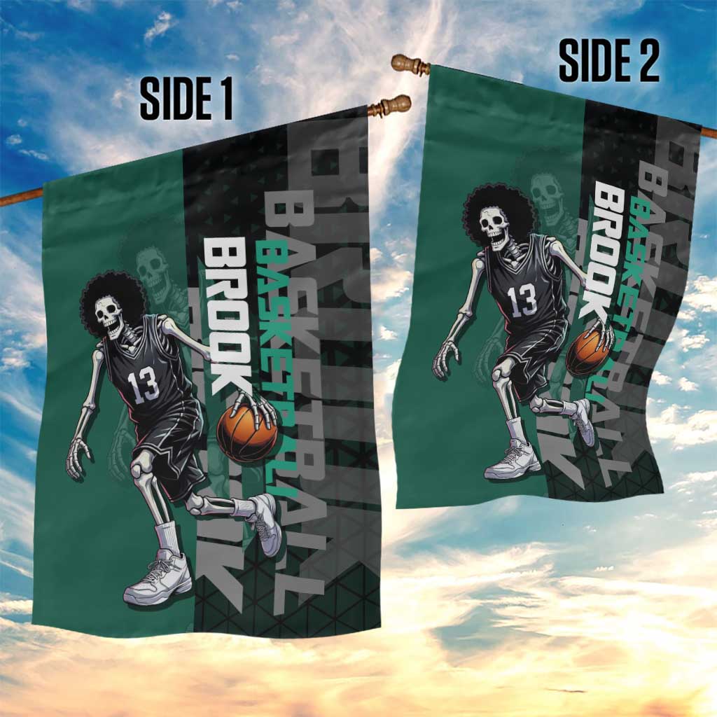Brook One Piece Basketball Theme Green and Black Design Garden Flag with Skull Emblem and Energetic Pose - The Mazicc