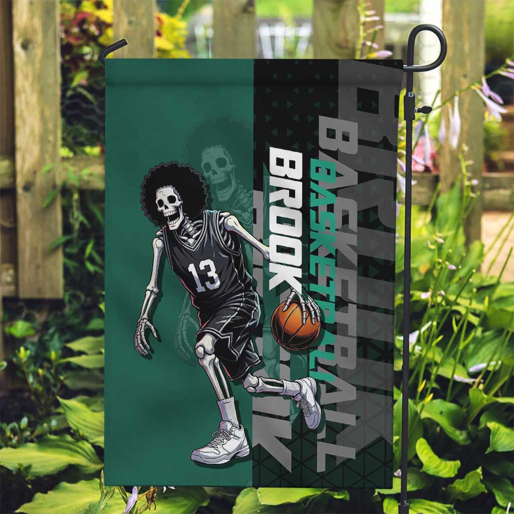 Brook One Piece Basketball Theme Green and Black Design Garden Flag with Skull Emblem and Energetic Pose - The Mazicc