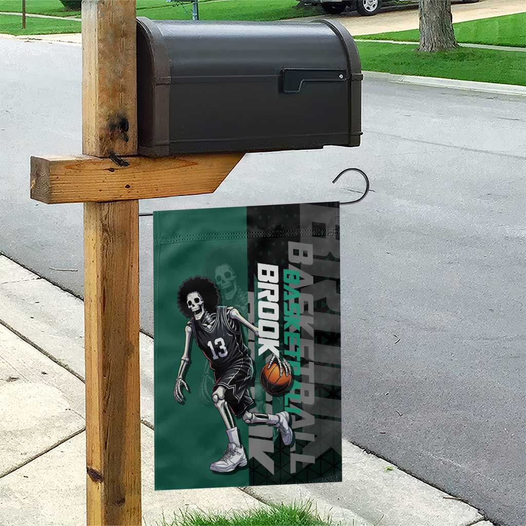 Brook One Piece Basketball Theme Green and Black Design Garden Flag with Skull Emblem and Energetic Pose - The Mazicc