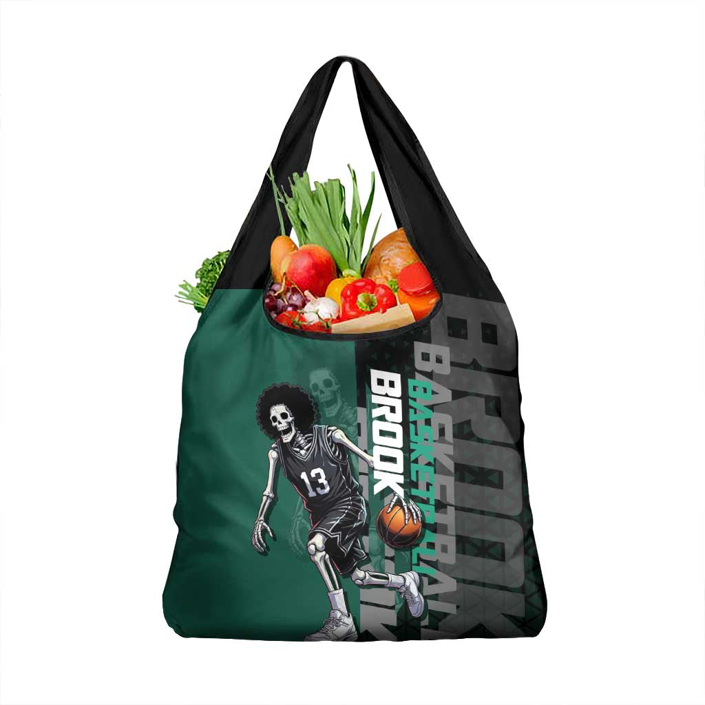 Brook One Piece Basketball Theme Green and Black Design Grocery Bag with Skull Emblem and Energetic Pose - The Mazicc