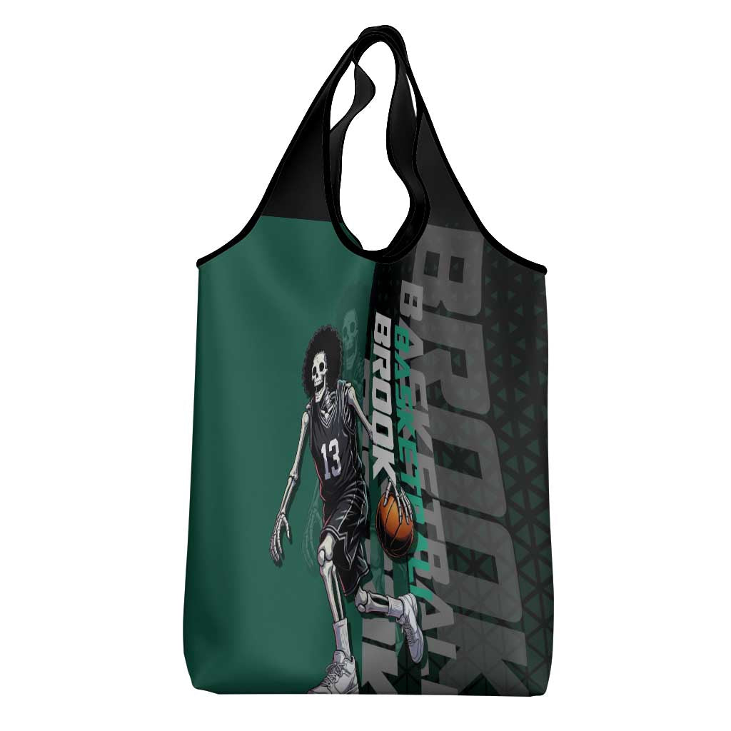 Brook One Piece Basketball Theme Green and Black Design Grocery Bag with Skull Emblem and Energetic Pose - The Mazicc
