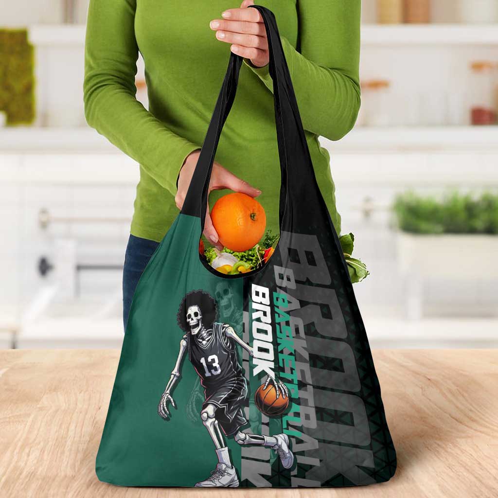 Brook One Piece Basketball Theme Green and Black Design Grocery Bag with Skull Emblem and Energetic Pose - The Mazicc