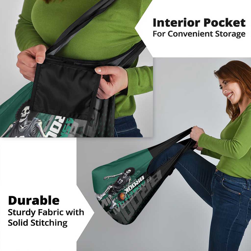 Brook One Piece Basketball Theme Green and Black Design Grocery Bag with Skull Emblem and Energetic Pose - The Mazicc