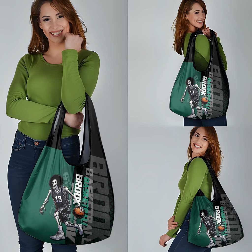 Brook One Piece Basketball Theme Green and Black Design Grocery Bag with Skull Emblem and Energetic Pose - The Mazicc