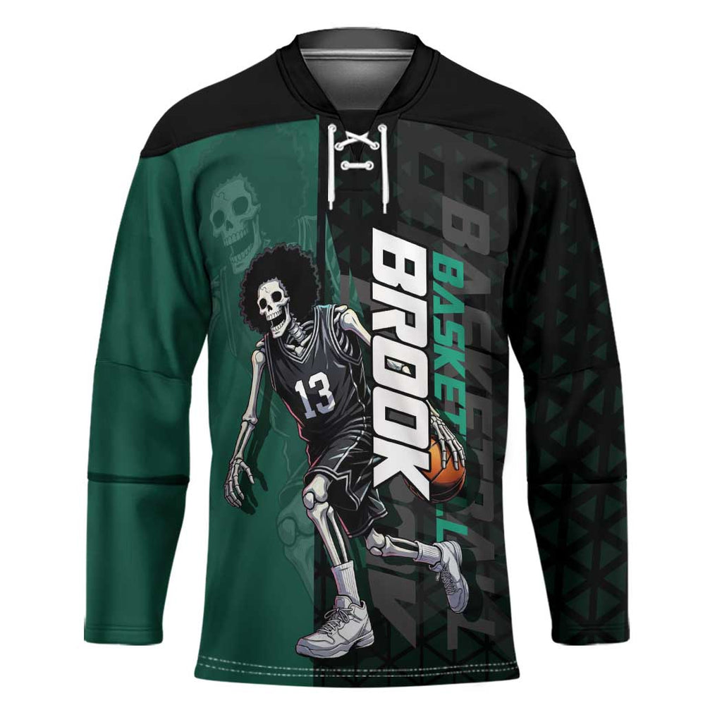 Brook One Piece Basketball Theme Green and Black Design Hockey Jersey with Skull Emblem and Energetic Pose - The Mazicc