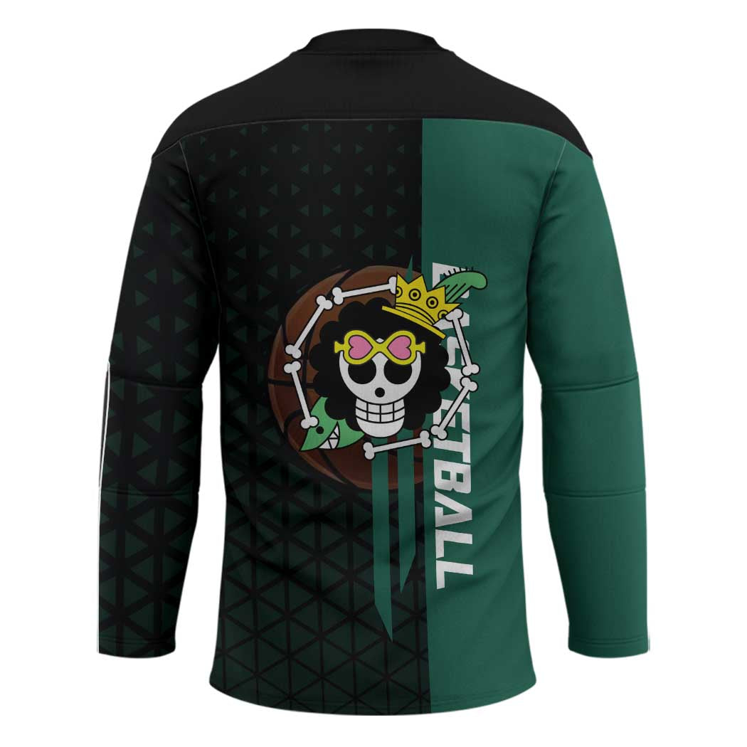 Brook One Piece Basketball Theme Green and Black Design Hockey Jersey with Skull Emblem and Energetic Pose - The Mazicc