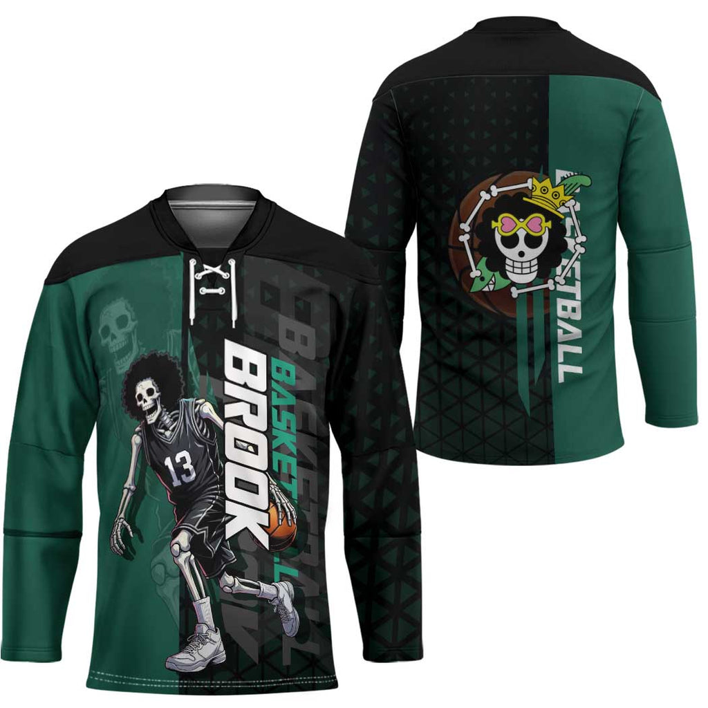 Brook One Piece Basketball Theme Green and Black Design Hockey Jersey with Skull Emblem and Energetic Pose - The Mazicc