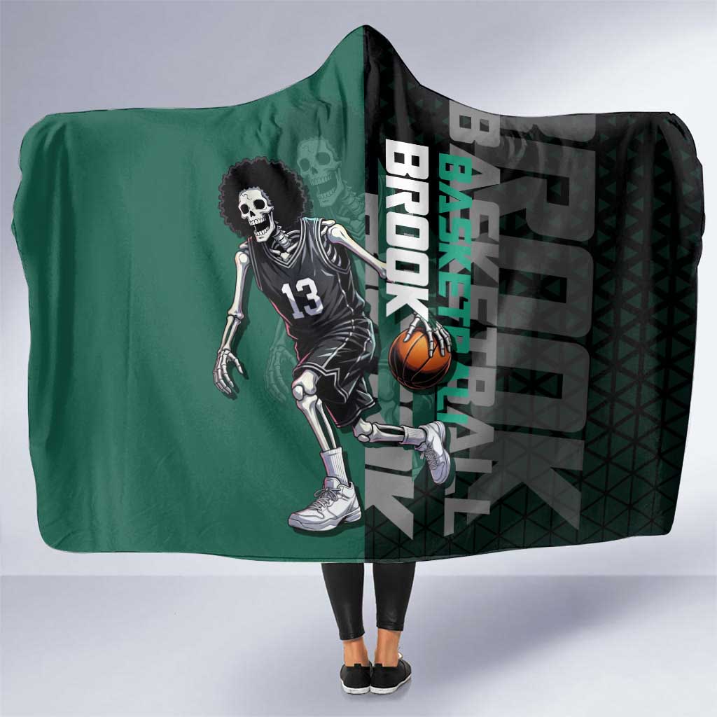 Brook One Piece Basketball Theme Green and Black Design Hooded Blanket with Skull Emblem and Energetic Pose - The Mazicc