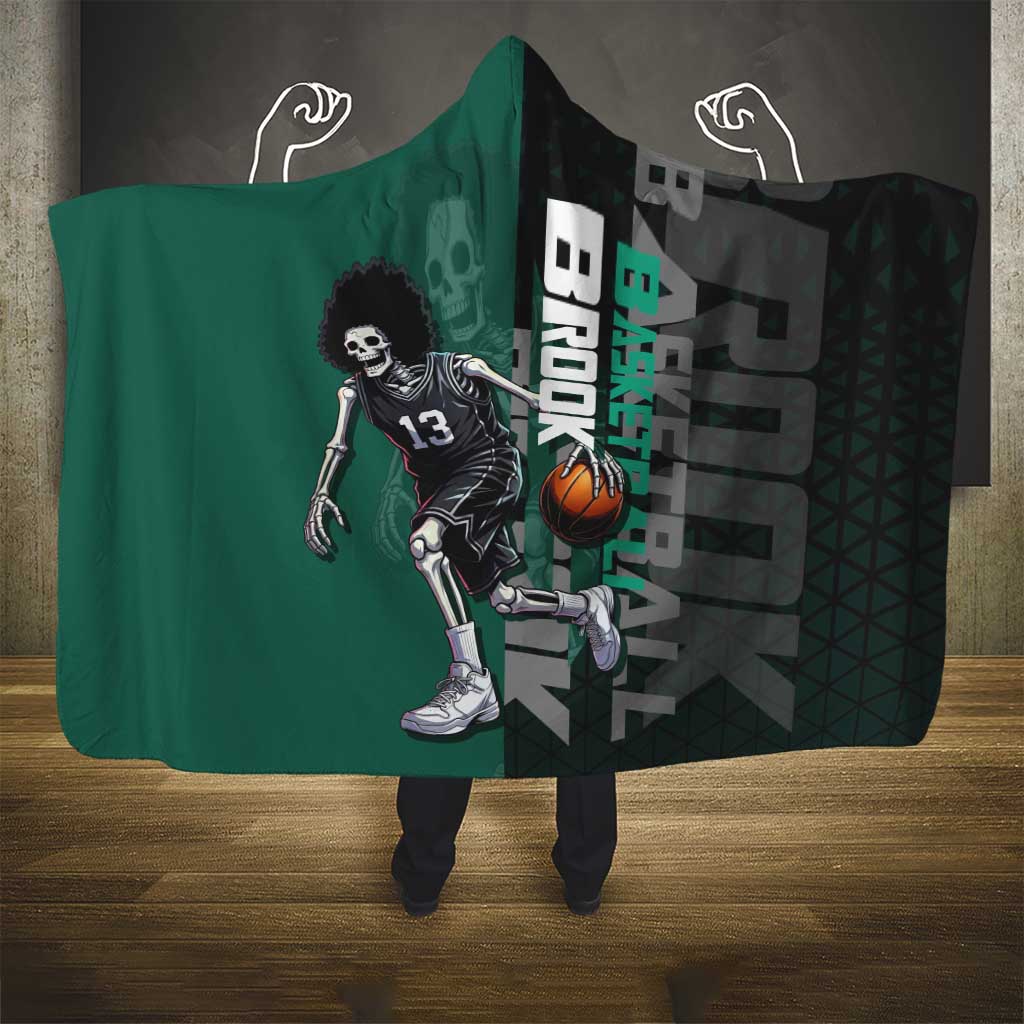 Brook One Piece Basketball Theme Green and Black Design Hooded Blanket with Skull Emblem and Energetic Pose - The Mazicc